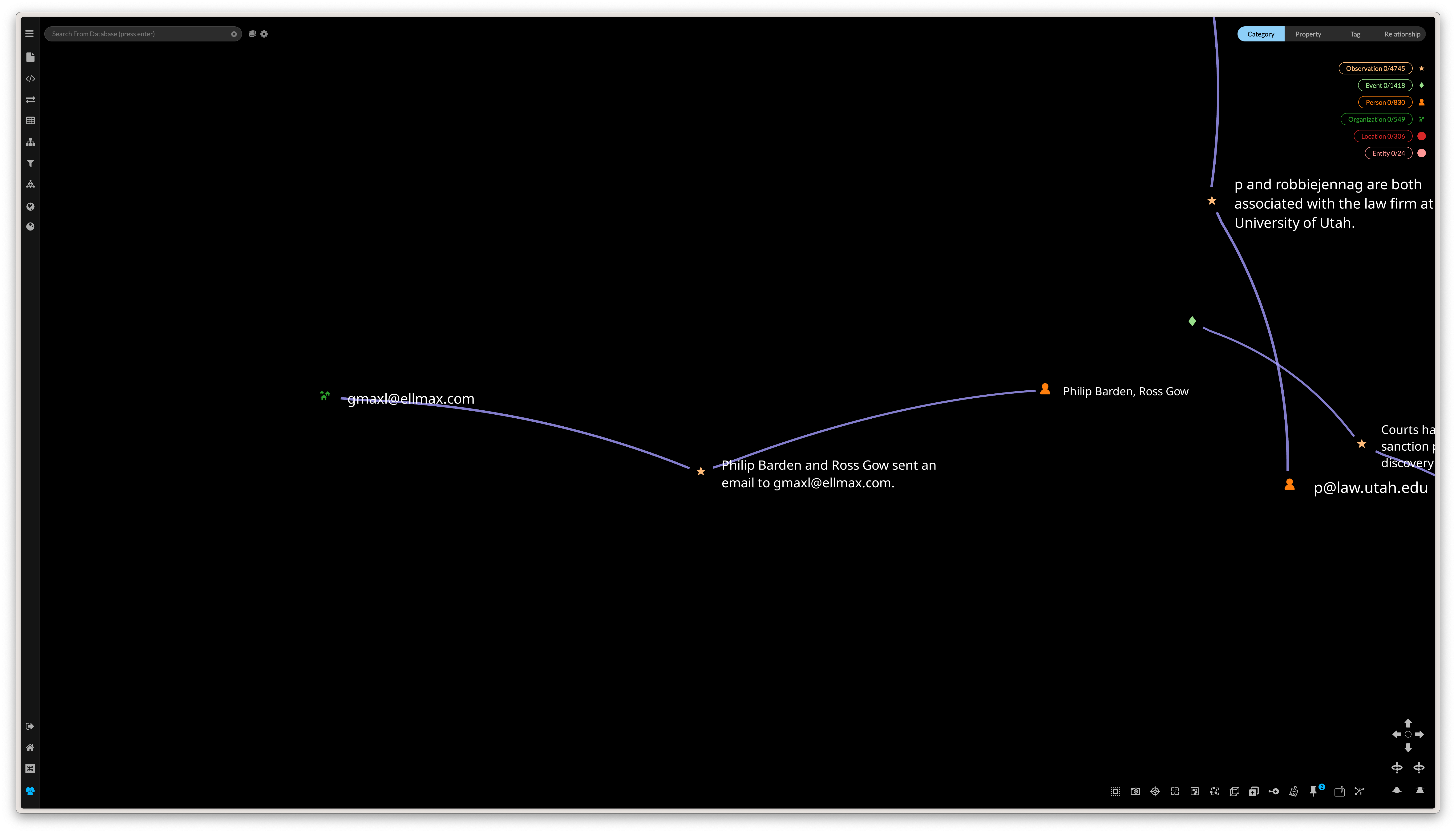 Here’s a simple example. The observation is “Philip Barfden and Ross Gow sent an email to gmaxl@ellmax.com”. The observation is linked to gmaxl@ellmax.com and “Philip Barden, Ross Gow”.