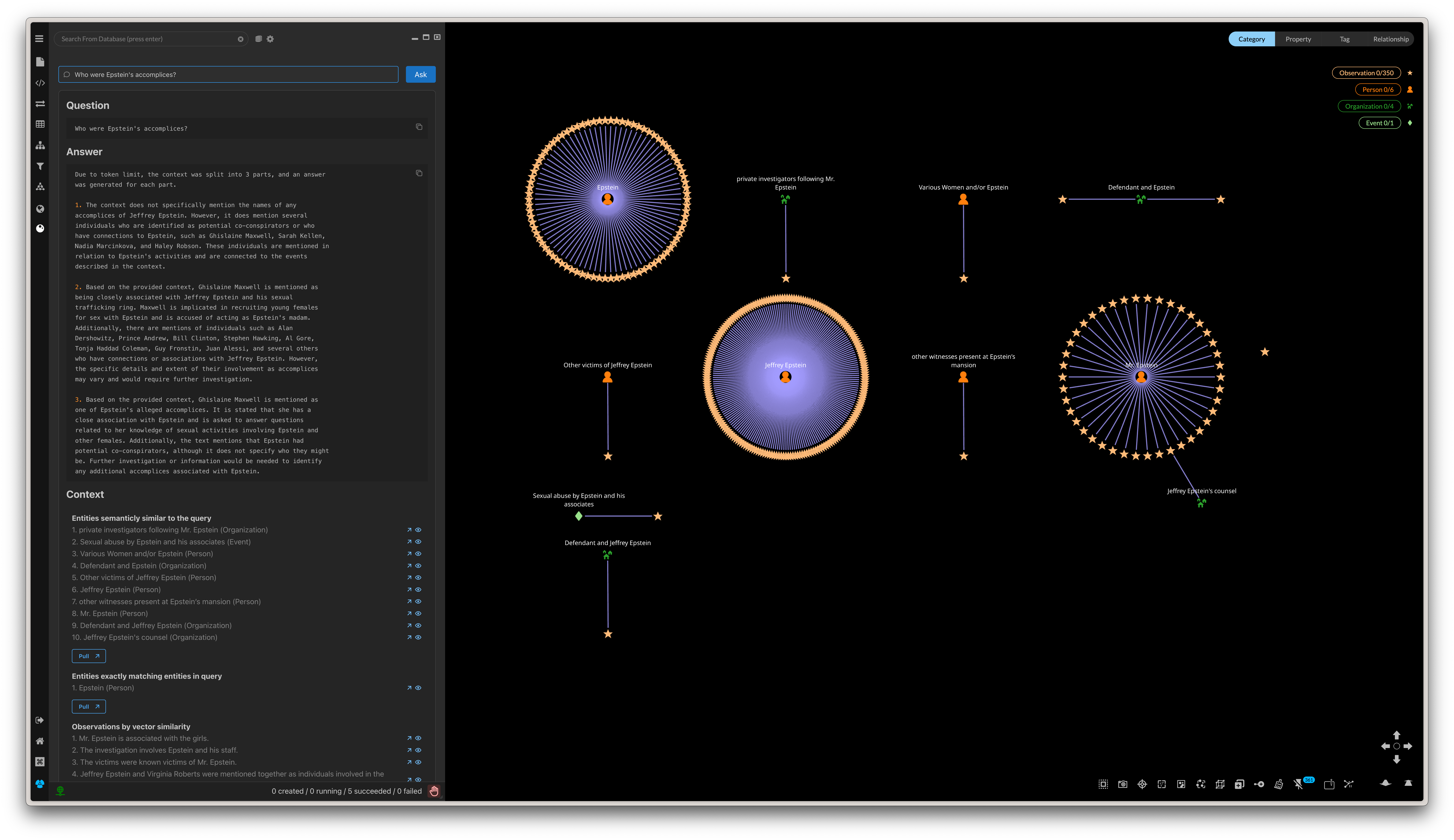 I asked “Who were Epstein’s accomplices?” Then I pulled all the context into the workspace, arranged the entities in a grid, and then applied a ring layout.