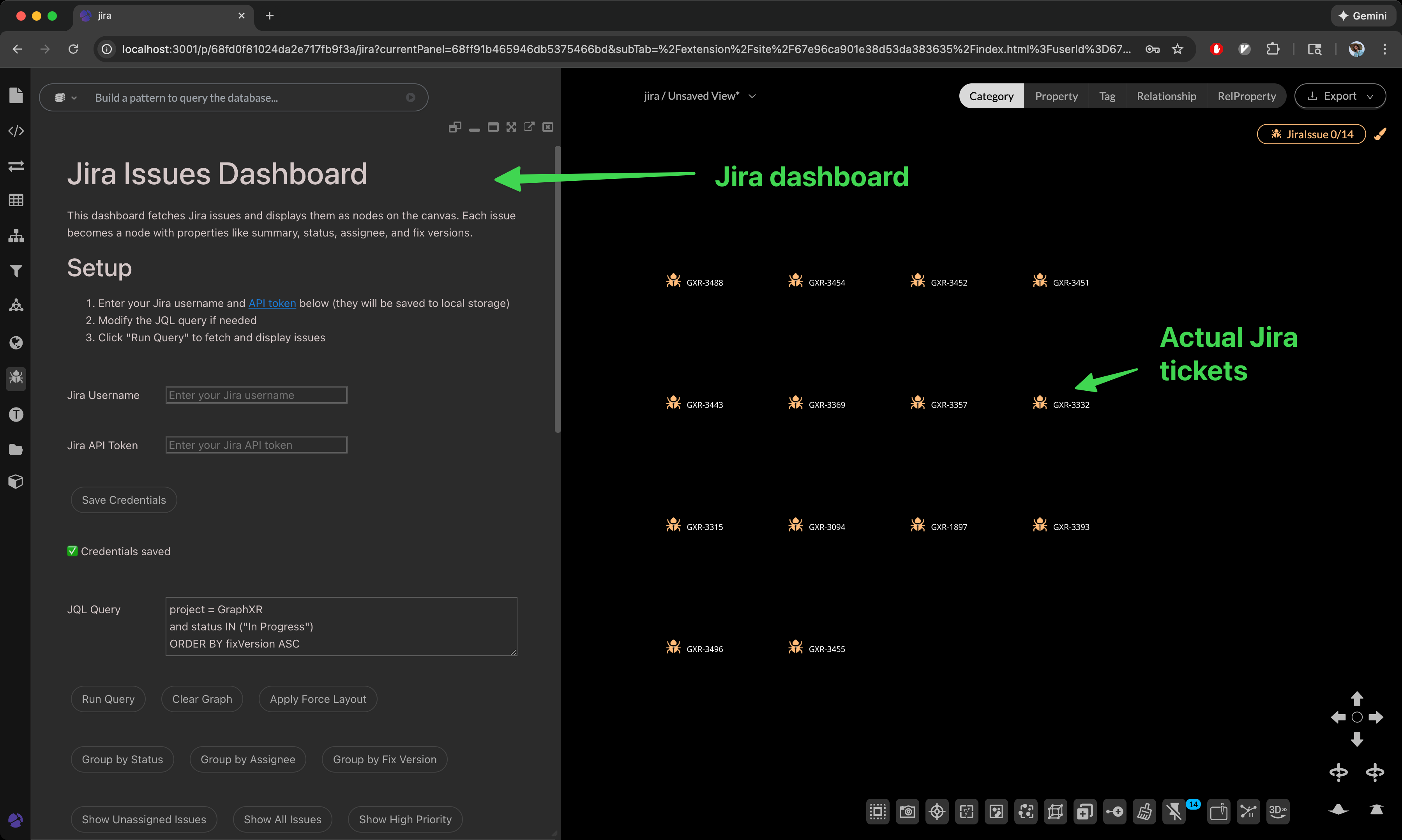 A screenshot of GraphXR with the Jira dashboard open