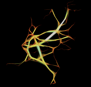 Abstract digital illustration of interconnected neural-like structures with yellow, orange, and white accents on a black background.