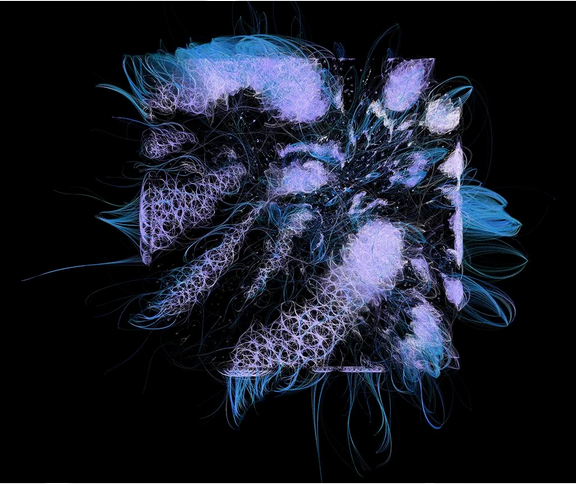 Abstract digital artwork created using graph data inside Kineviz showing intricate, glowing, purple and blue filament-like structures on a black background.