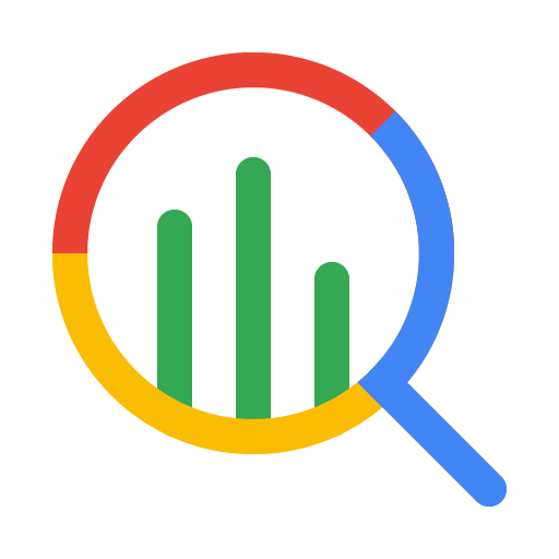 A magnifying glass icon with a circular handle, containing a bar chart with three green bars of different heights. The circle of the magnifying glass is divided into four colored segments: red, blue, yellow, and no segment on the handle.
