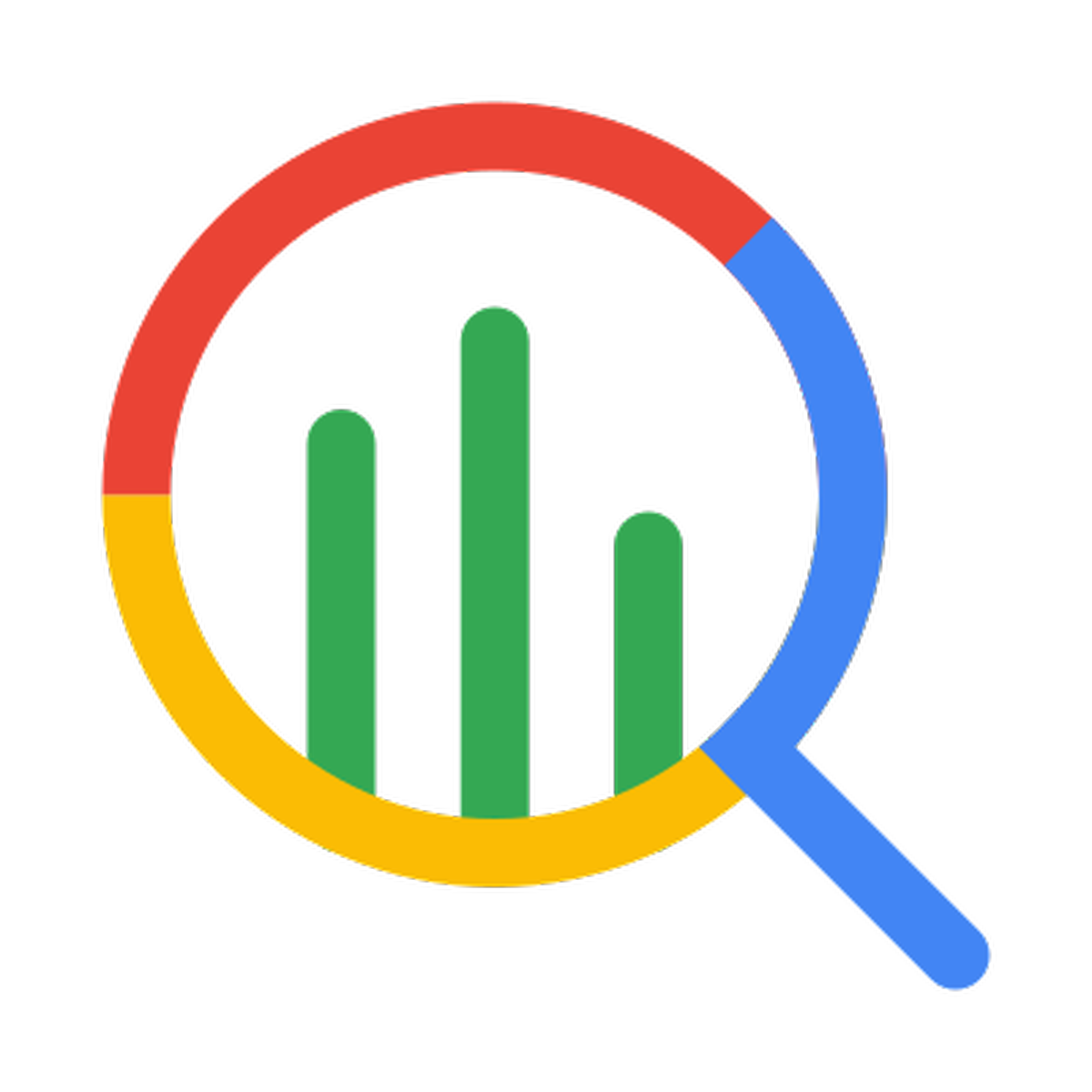 Magnifying glass with a multicolored outline focusing on a bar chart with four vertical green bars of different heights, set against a dark background.