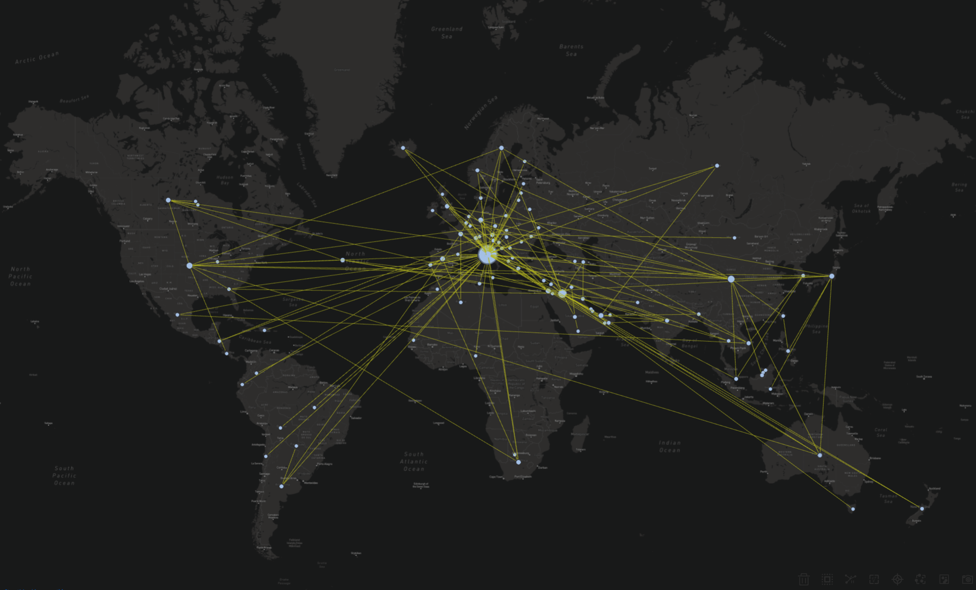 A world map showing numerous interconnected flight routes with yellow lines originating from a central point, depicting global air traffic connections.