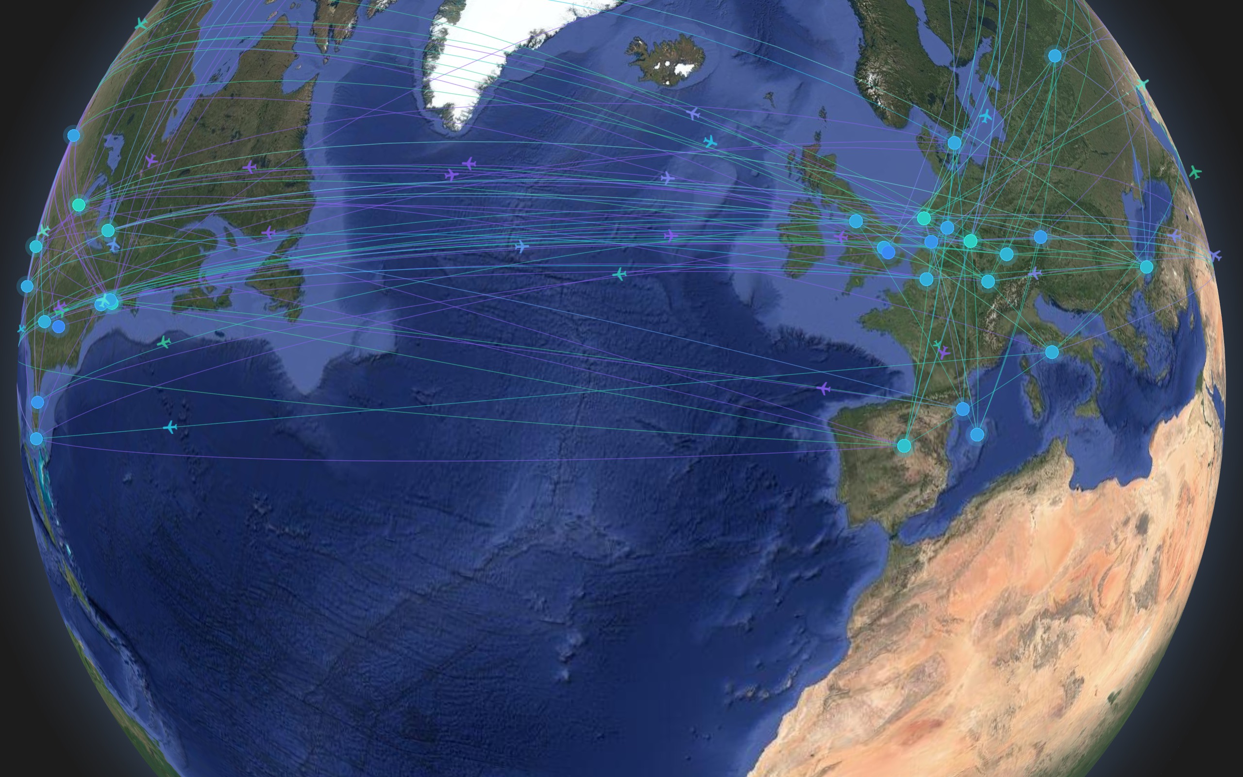 A global flight network visualized on a 3D globe in Kineviz Desktop, with flight paths arcing between airports across the Atlantic