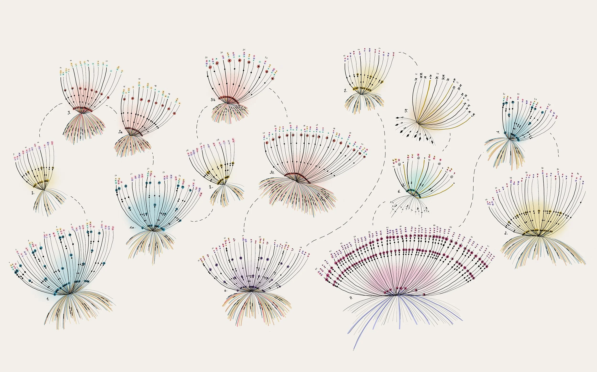 A collection of colorful, abstract, tree-like diagrams with branching lines and dots on a light background.