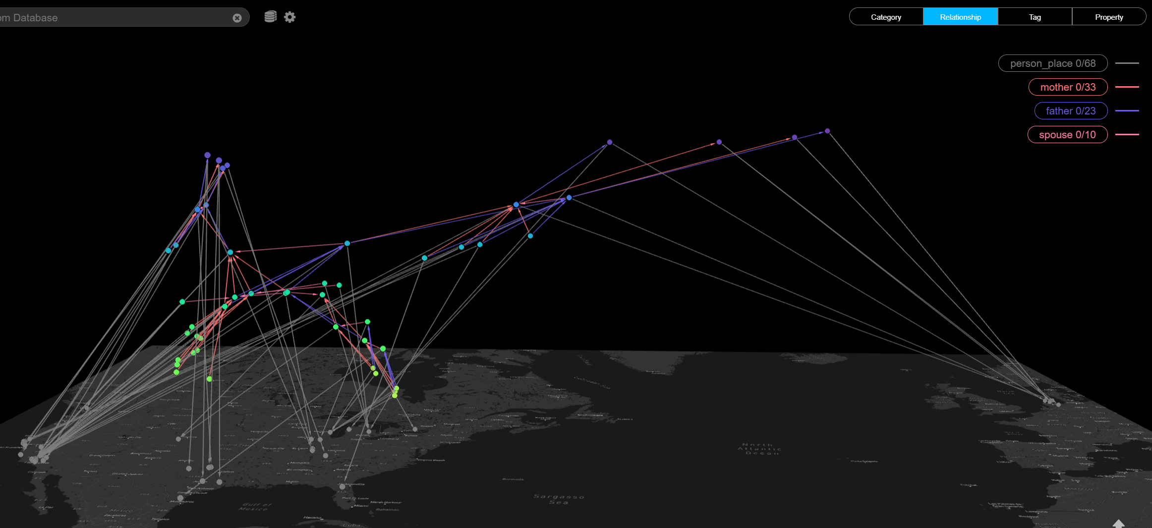 A digital visualization of global connections, with colored nodes representing families or individuals and lines indicating relationships on a dark world map background.