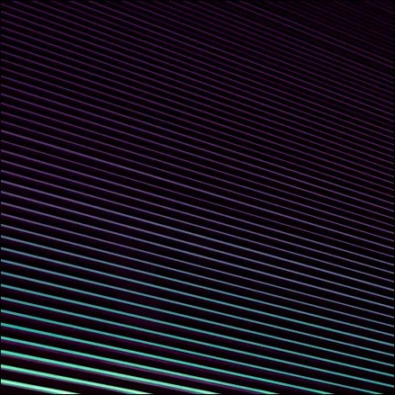 Close-up of colorful diagonal lines on a dark background, creating a futuristic pattern.