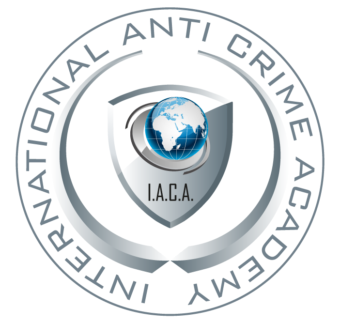 A logo for the International Anti Crime Academy (I.A.C.A.), featuring a globe with Africa and Europe visible, surrounded by a shield and circular text that reads "International Anti Crime Academy."