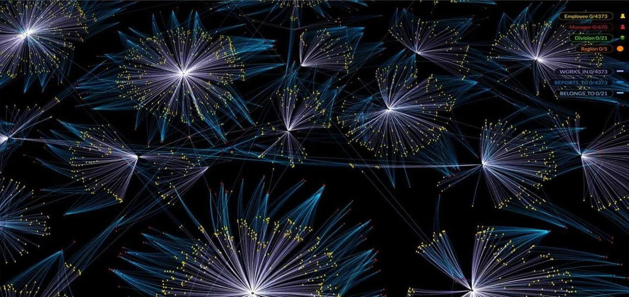 A digital network graph with interconnected nodes and edges, representing various data points and relationships; a legend in the upper right corner indicates categories like Employee, Manager, Division, Region, and related data metrics.