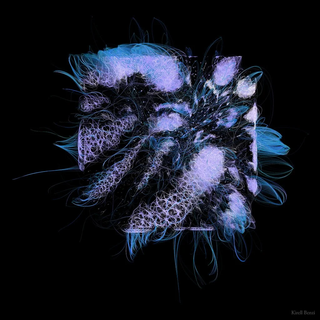 Abstract digital artwork with glowing, tangled lines in shades of purple, blue, and white on a black background.