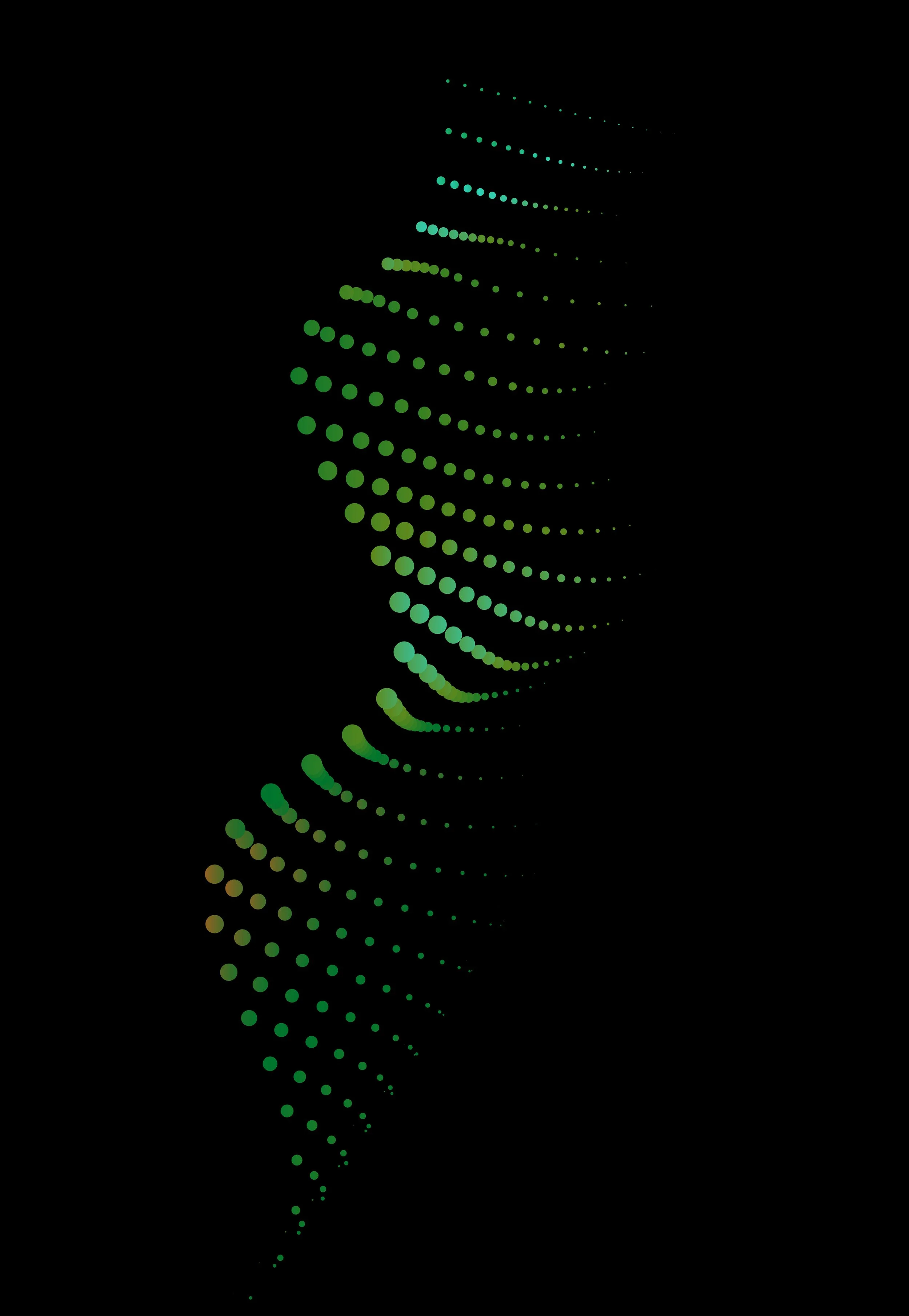 Abstract digital art of a 3D sphere composed of numerous small green dots on a black background, forming a geometric shape with spiral and wave-like patterns.